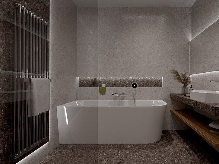 Návrh koupelny s designovým radiátorem Zehnder Charleston Bar